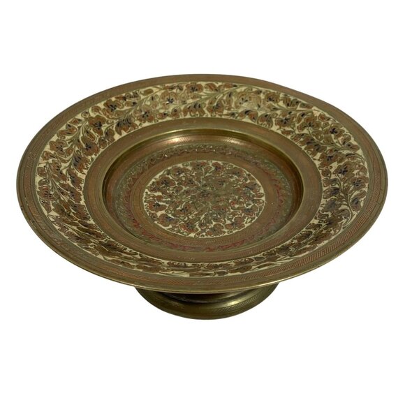 Handcrafted Brass Decorative Pedestal Plate With Etched Intricate Floral Design - Picture 3 of 9
